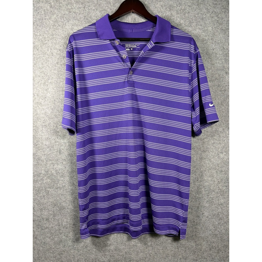 Nike Golf Tour Performance Polo Mens Large Purple‎ White Striped Dri-Fit Shirt
